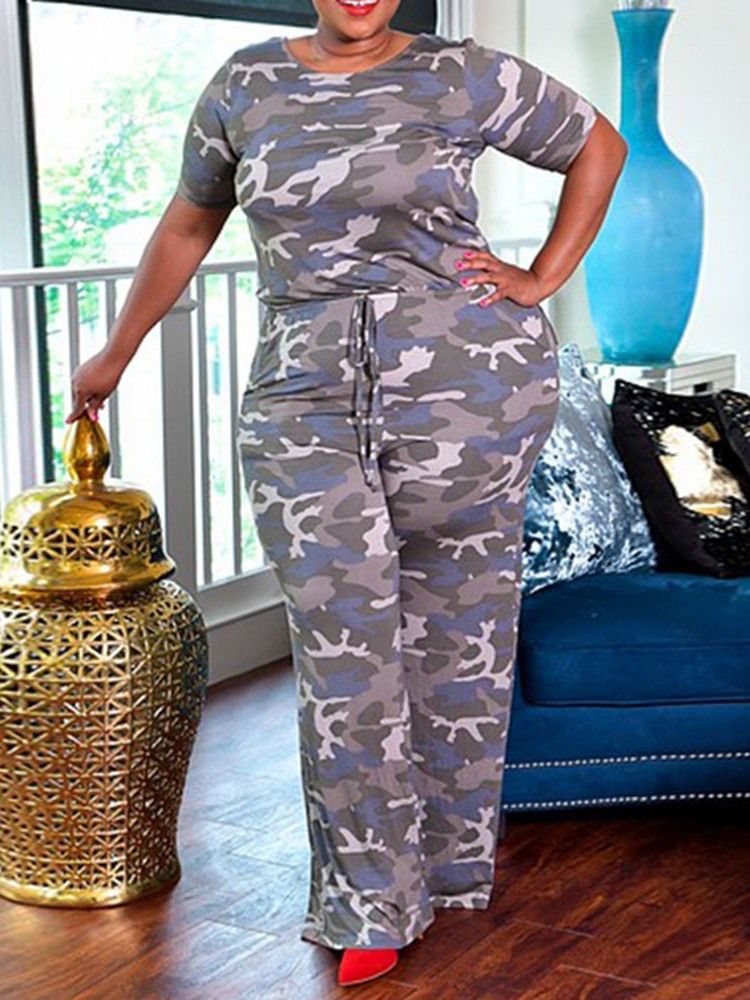Plus Size Print Full Längd Kamouflage Jumpsuit Med Breda Ben