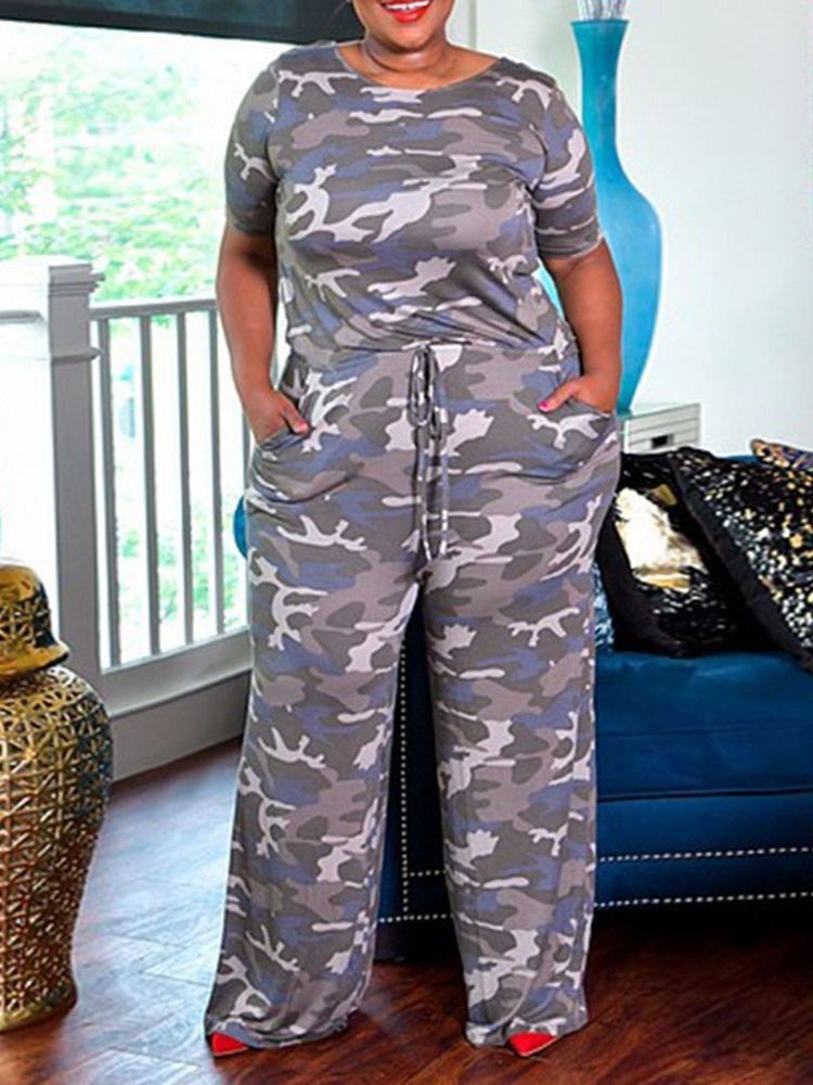 Plus Size Print Full Längd Kamouflage Jumpsuit Med Breda Ben