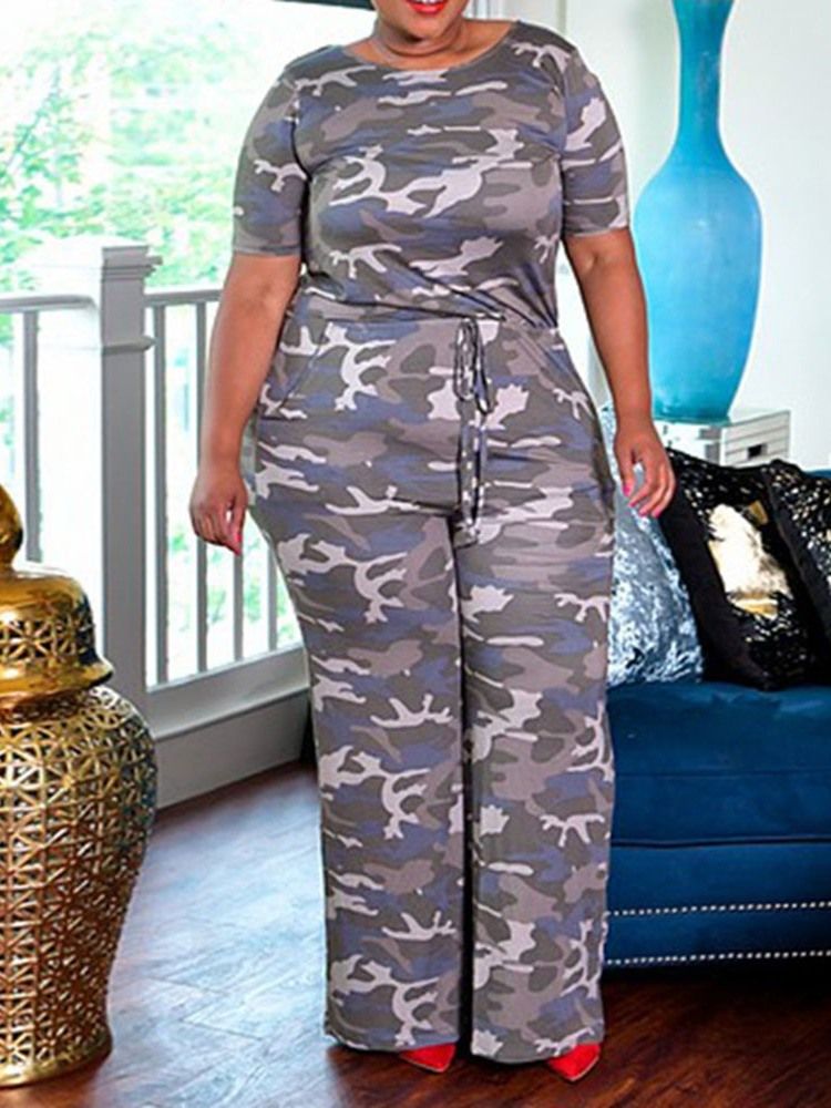 Plus Size Print Full Längd Kamouflage Jumpsuit Med Breda Ben
