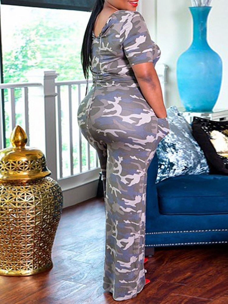 Plus Size Print Full Längd Kamouflage Jumpsuit Med Breda Ben