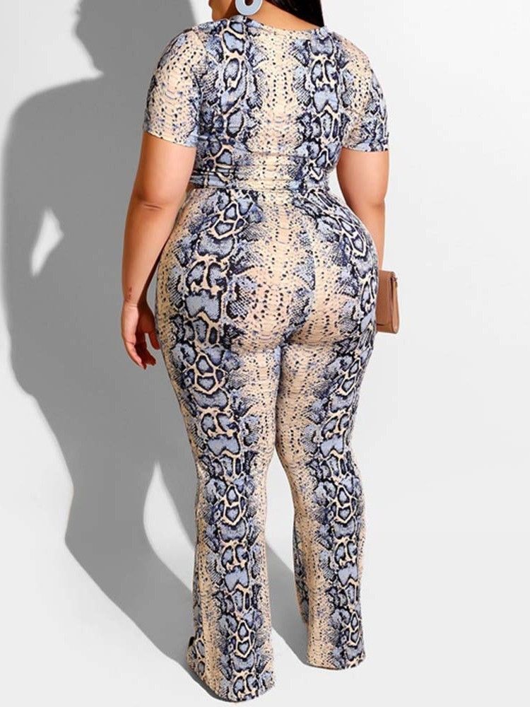 Plus Size Print Office Lady T-Shirt Och Byxor Tvådelade Set