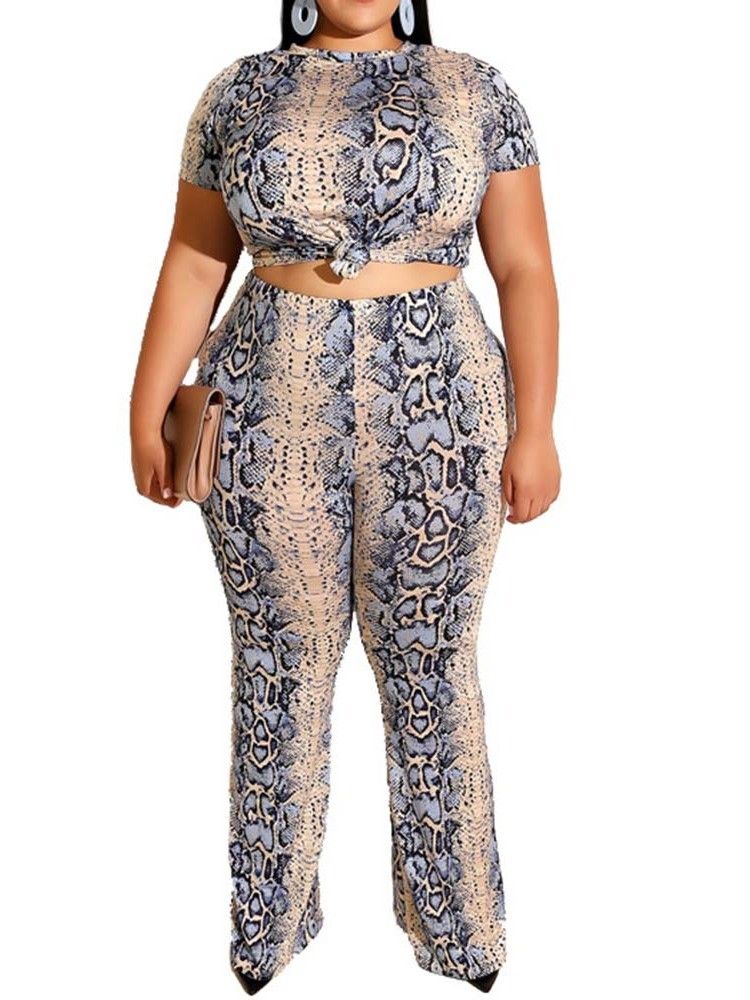 Plus Size Print Office Lady T-Shirt Och Byxor Tvådelade Set