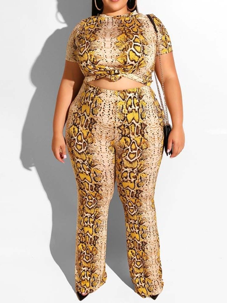 Plus Size Print Office Lady T-Shirt Och Byxor Tvådelade Set