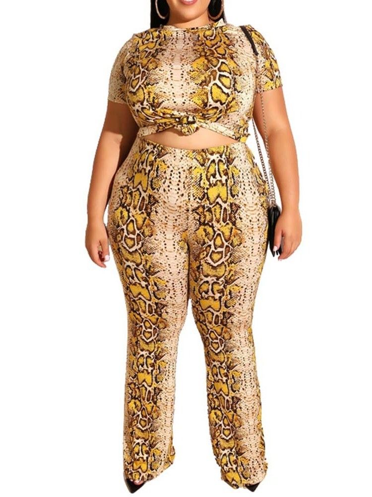 Plus Size Print Office Lady T-Shirt Och Byxor Tvådelade Set