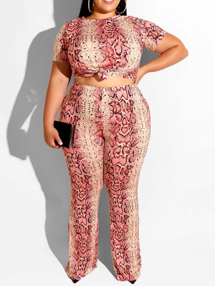 Plus Size Print Office Lady T-Shirt Och Byxor Tvådelade Set