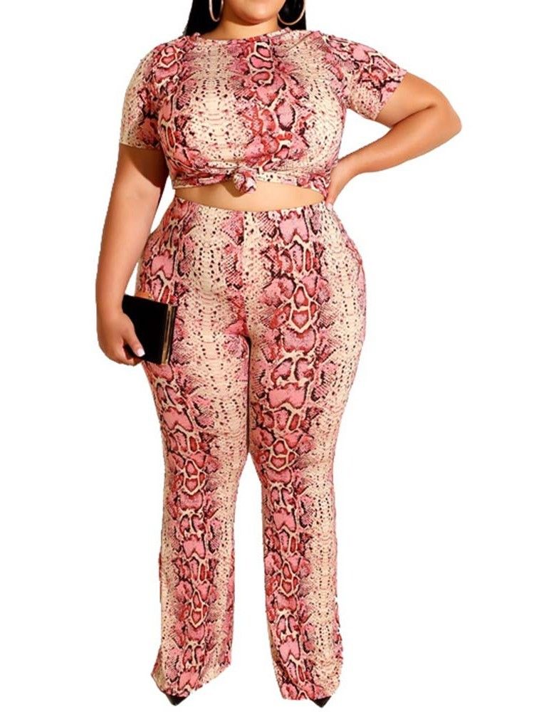 Plus Size Print Office Lady T-Shirt Och Byxor Tvådelade Set