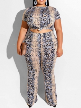 Plus Size Print Office Lady T-Shirt Och Byxor Tvådelade Set
