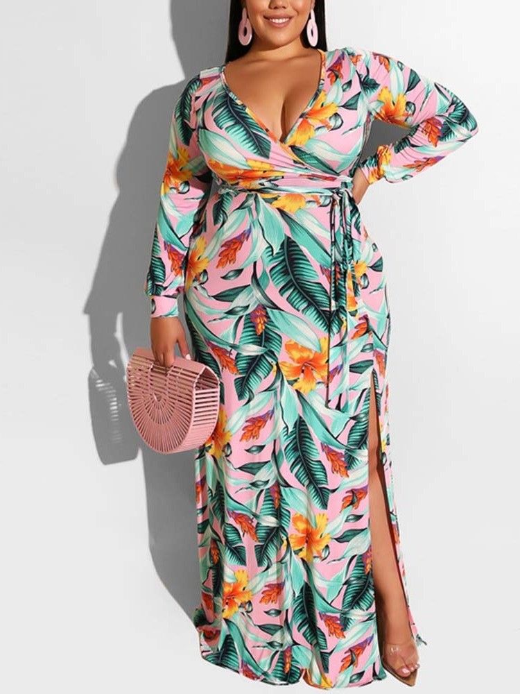 Plus Size Print V-Hals Delad Golvlång Casual Klänning