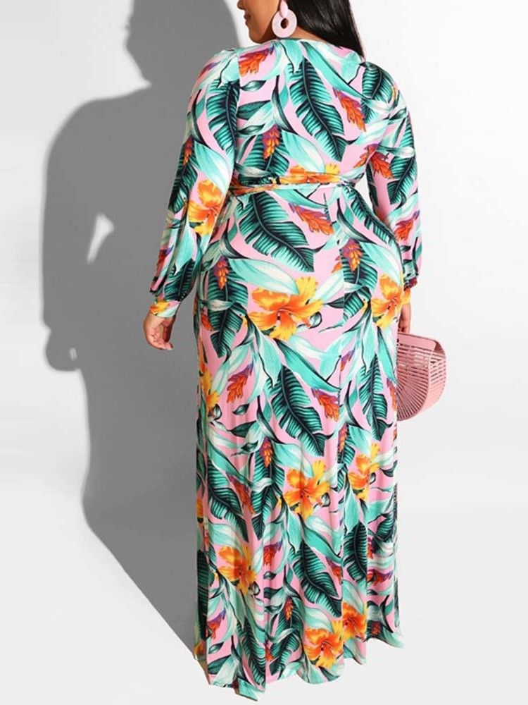 Plus Size Print V-Hals Delad Golvlång Casual Klänning