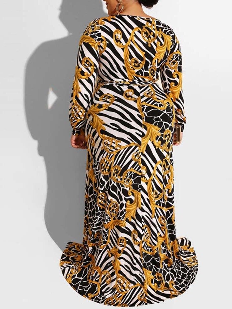 Plus Size Print V-Hals Delad Golvlång Casual Klänning
