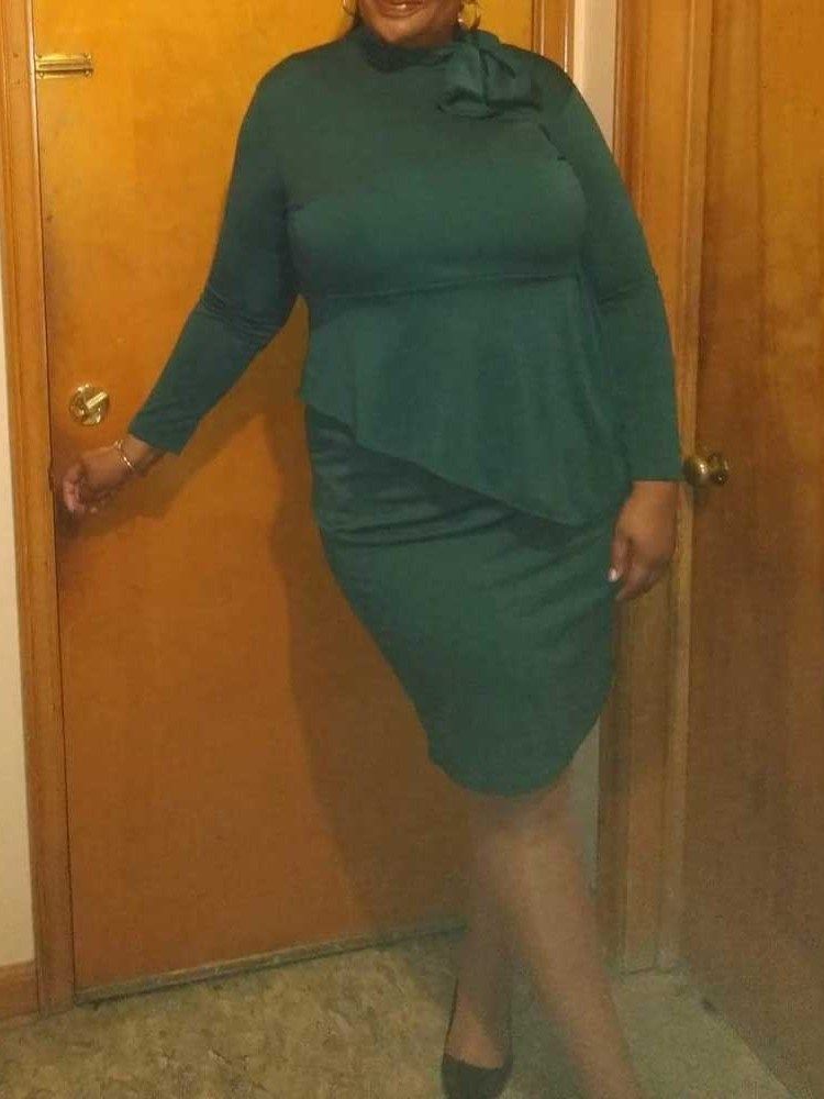 Plus Size Rosettkrage Mid-Calf Långärmad Bodycon High Waist Klänning
