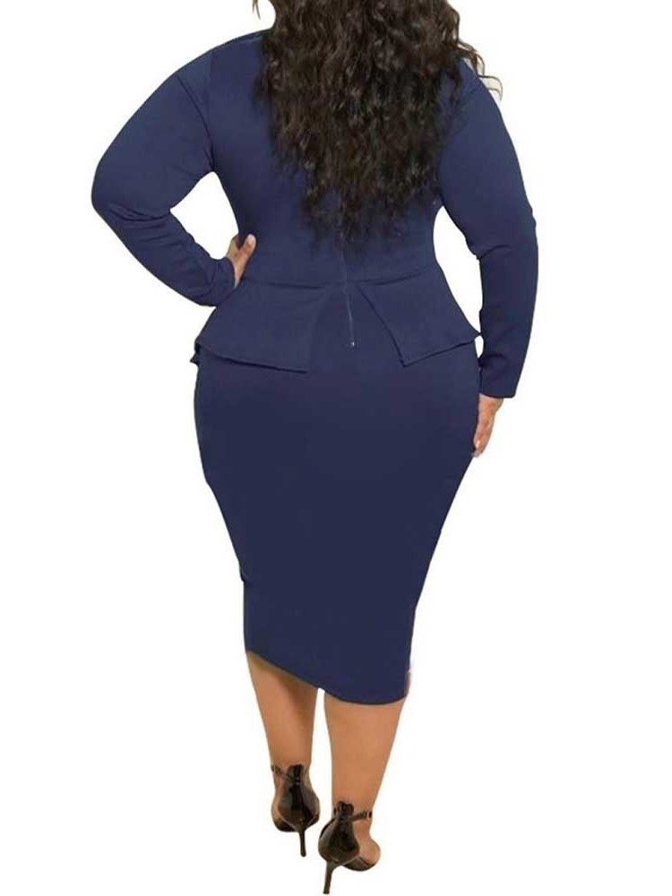 Plus Size Rosettkrage Mid-Calf Långärmad Bodycon High Waist Klänning