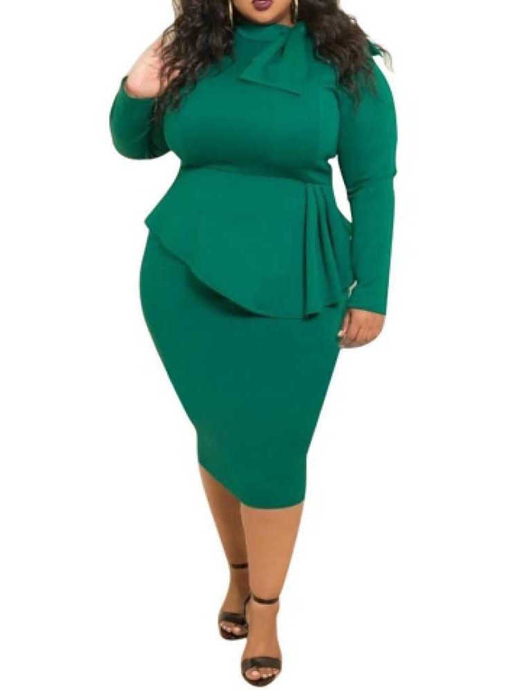 Plus Size Rosettkrage Mid-Calf Långärmad Bodycon High Waist Klänning