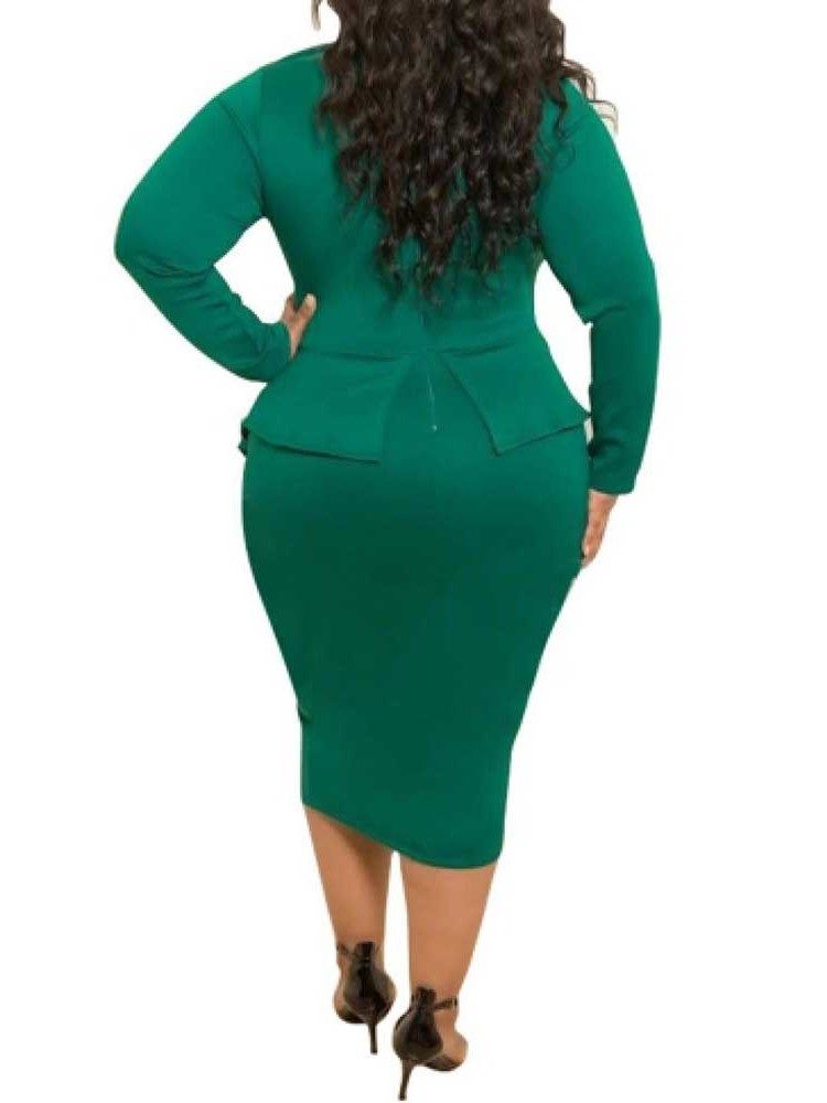 Plus Size Rosettkrage Mid-Calf Långärmad Bodycon High Waist Klänning