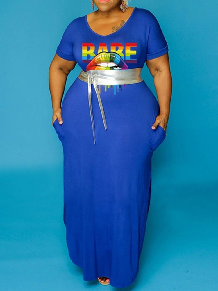 Plus Size Rund Hals Ankellång Kortärmad Letter Pullover Klänning