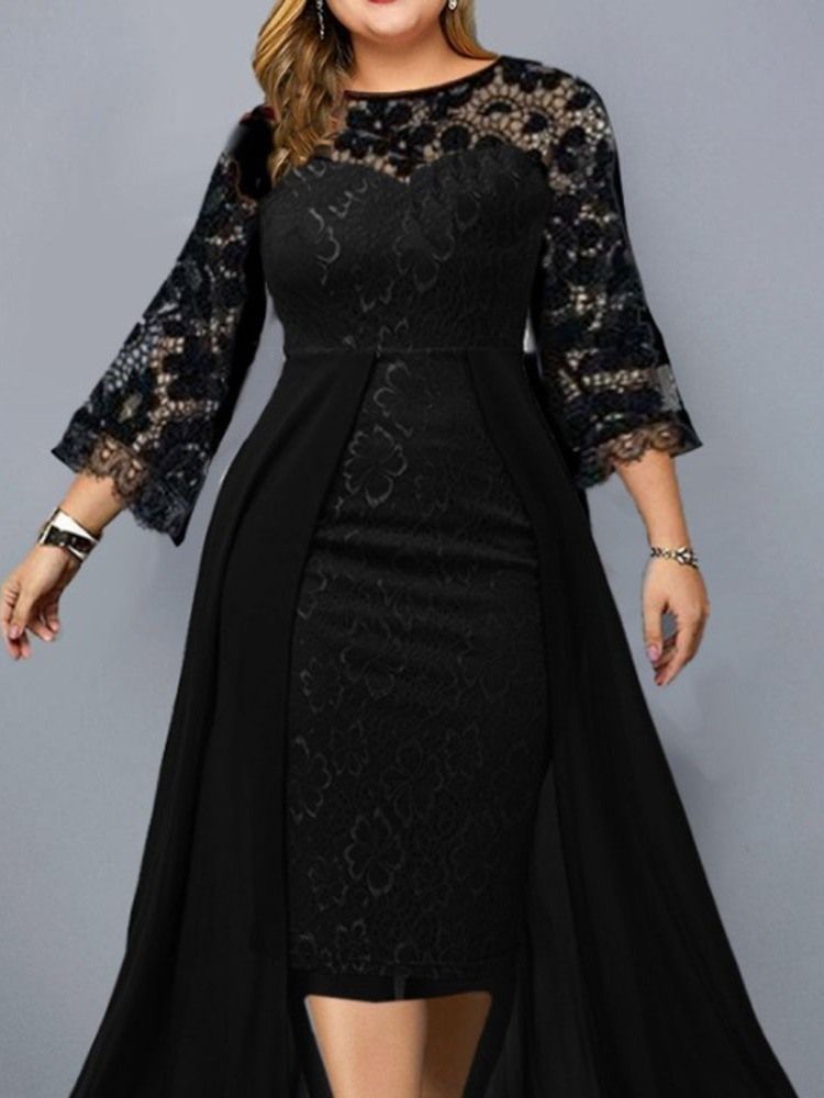 Plus Size Rund Hals Asymmetrisk Nio Punkters Ärm Mode Hög Midja Klänning