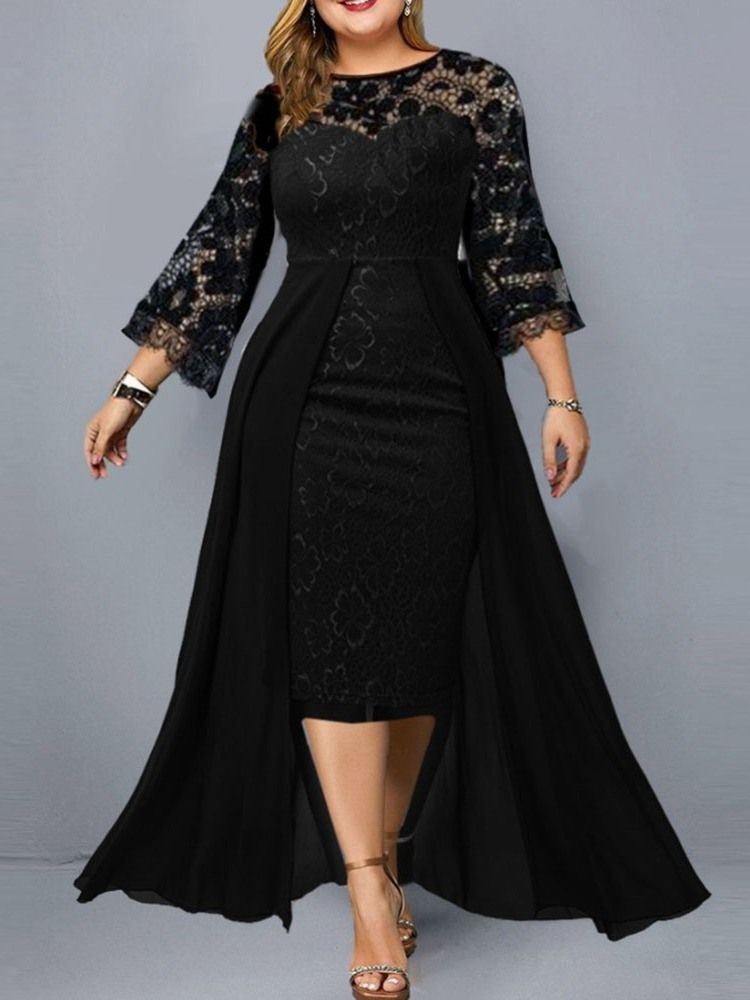 Plus Size Rund Hals Asymmetrisk Nio Punkters Ärm Mode Hög Midja Klänning