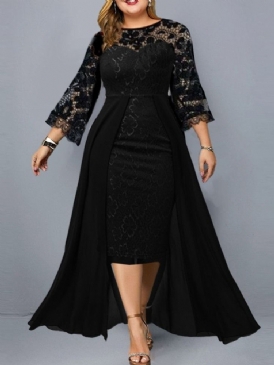 Plus Size Rund Hals Asymmetrisk Nio Punkters Ärm Mode Hög Midja Klänning