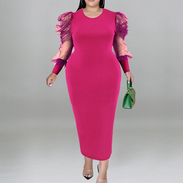 Plus Size Rund Neck Mesh Långärmad Bodycon Puff Sleeve Bodycon Klänning
