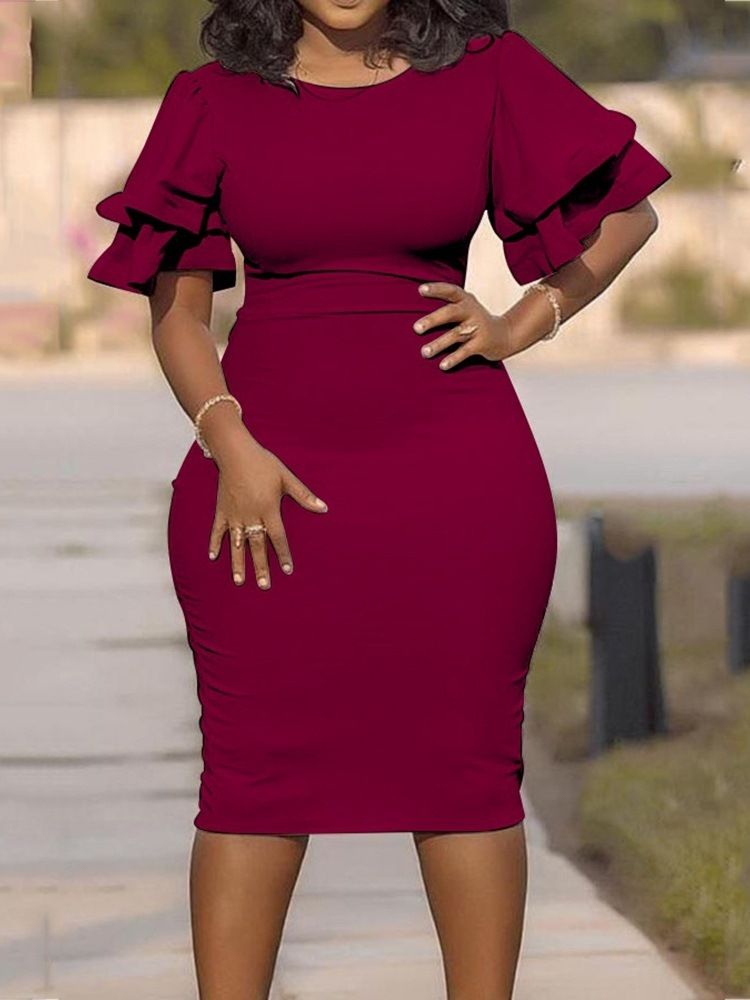 Plus Size Rund Neck Volanger Ärm Single Bodycon Klänning