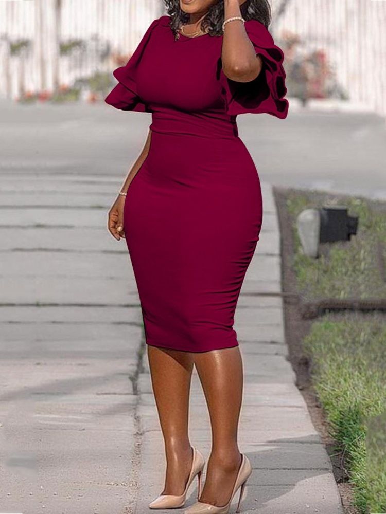 Plus Size Rund Neck Volanger Ärm Single Bodycon Klänning