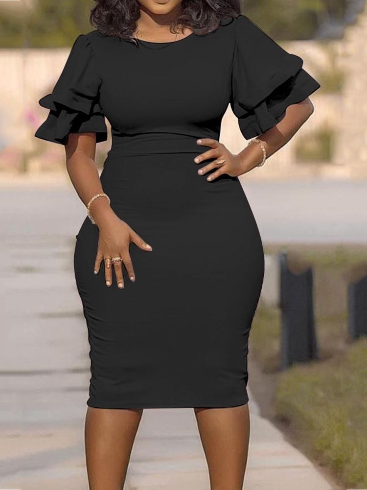 Plus Size Rund Neck Volanger Ärm Single Bodycon Klänning