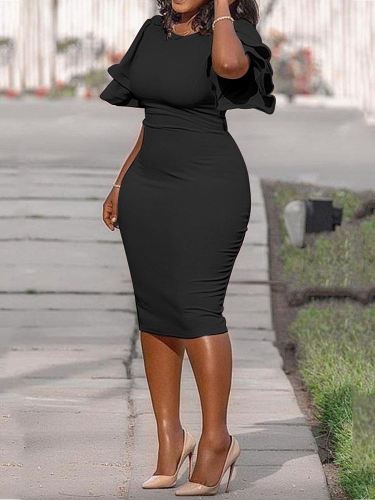 Plus Size Rund Neck Volanger Ärm Single Bodycon Klänning
