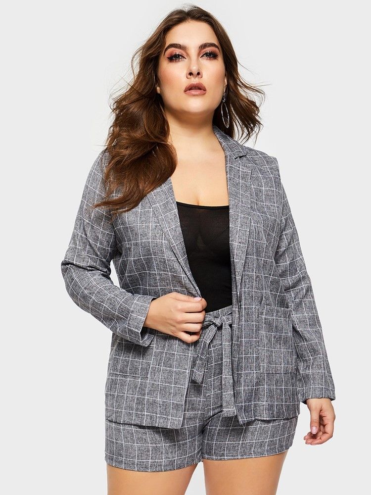 Plus Size-Snörspläd Med Breda Ben Casual Kappa Och Shorts I Två Delar
