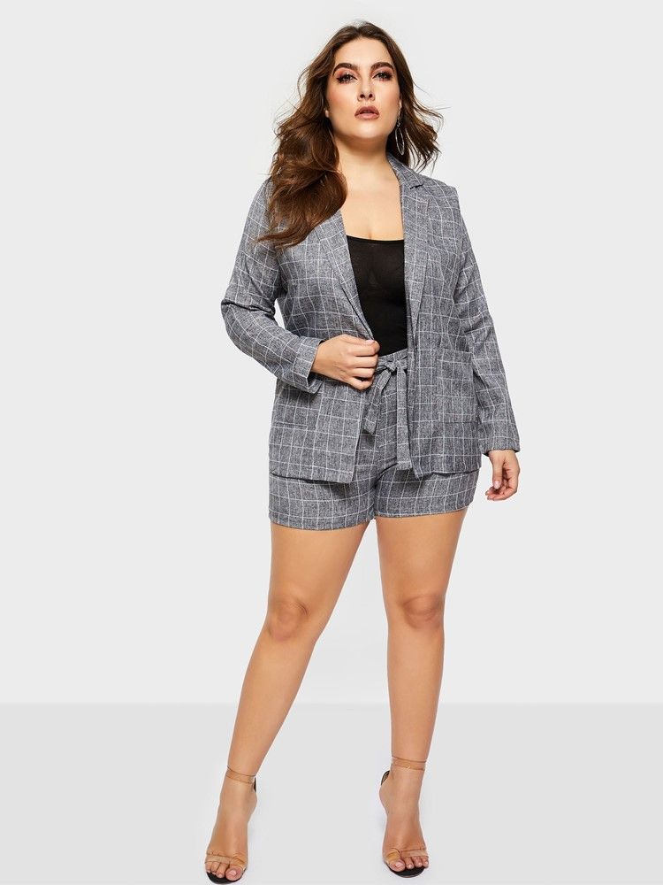 Plus Size-Snörspläd Med Breda Ben Casual Kappa Och Shorts I Två Delar