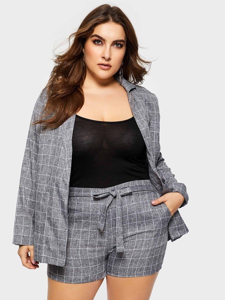 Plus Size-Snörspläd Med Breda Ben Casual Kappa Och Shorts I Två Delar