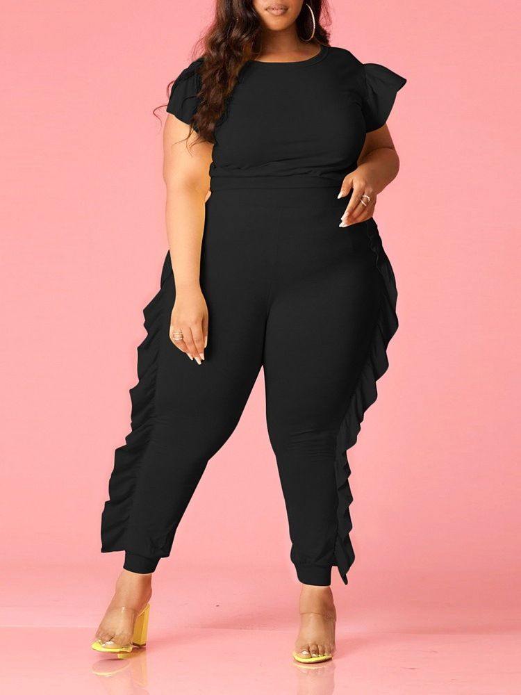 Plus Size T-Shirt Falbala Casual Pullover Pencil Pants I Två Delar