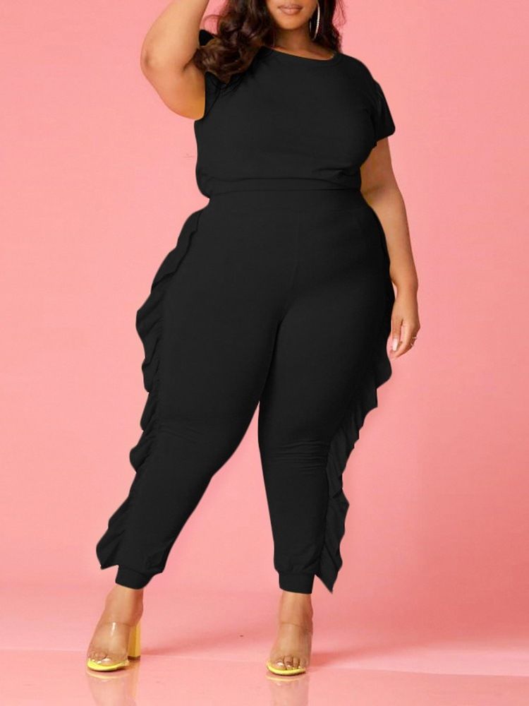 Plus Size T-Shirt Falbala Casual Pullover Pencil Pants I Två Delar