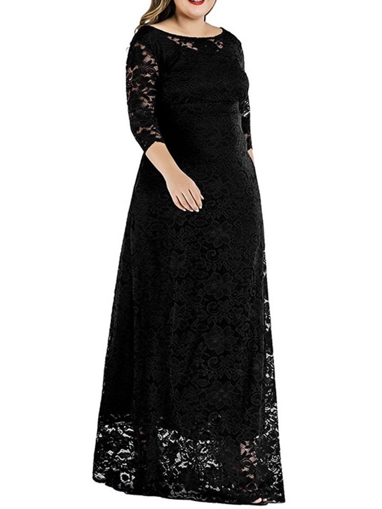 Plus Size Trekvartsärm Ihålig Golvlång Vanlig Blommig Klänning