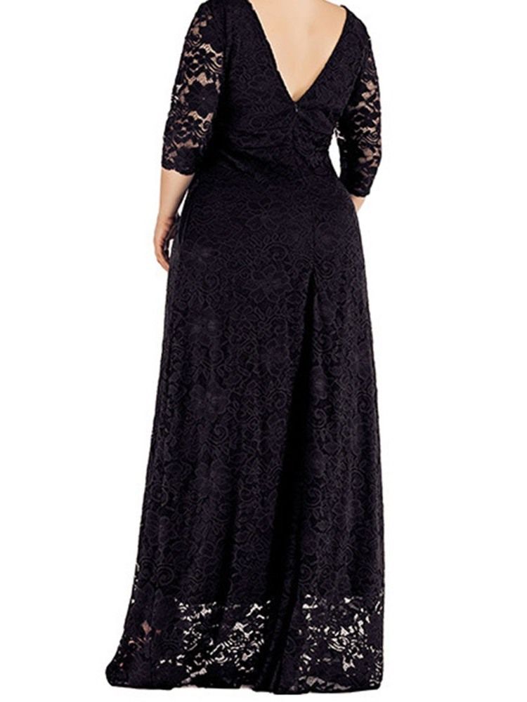 Plus Size Trekvartsärm Ihålig Golvlång Vanlig Blommig Klänning