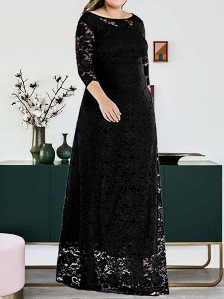Plus Size Trekvartsärm Ihålig Golvlång Vanlig Blommig Klänning