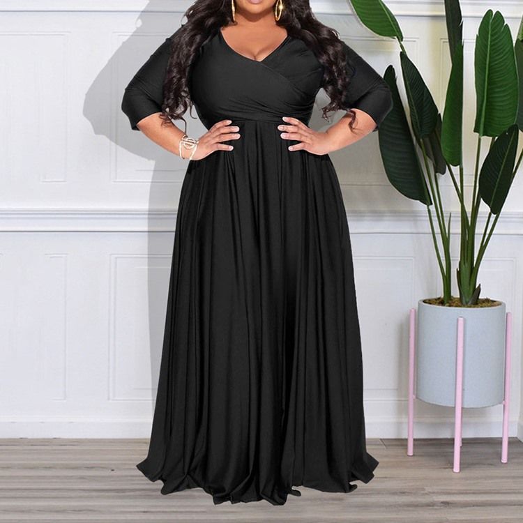 Plus Size Trekvartsärm V-Ringad Golvlång A-Linjeklänning Med Hög Midja