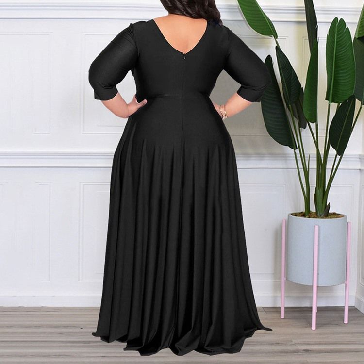 Plus Size Trekvartsärm V-Ringad Golvlång A-Linjeklänning Med Hög Midja