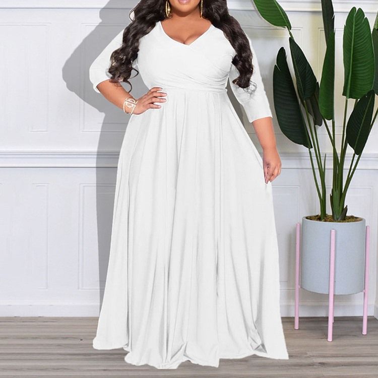 Plus Size Trekvartsärm V-Ringad Golvlång A-Linjeklänning Med Hög Midja