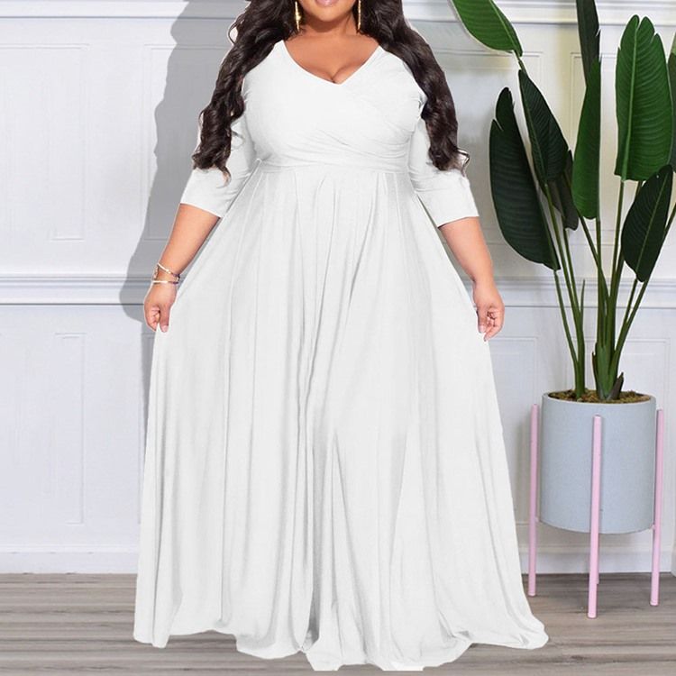 Plus Size Trekvartsärm V-Ringad Golvlång A-Linjeklänning Med Hög Midja