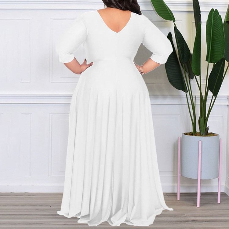 Plus Size Trekvartsärm V-Ringad Golvlång A-Linjeklänning Med Hög Midja