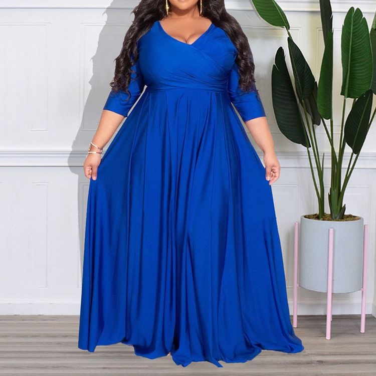 Plus Size Trekvartsärm V-Ringad Golvlång A-Linjeklänning Med Hög Midja