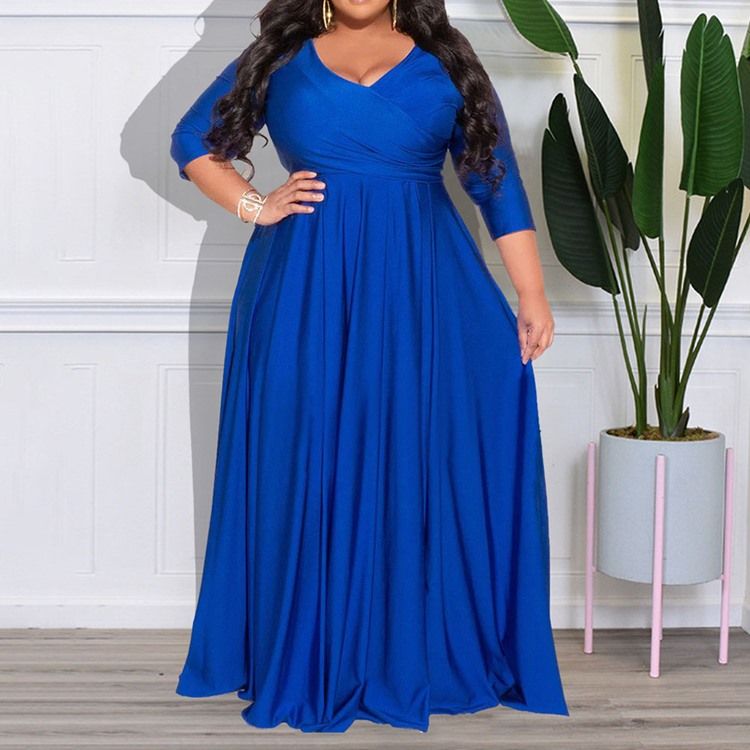 Plus Size Trekvartsärm V-Ringad Golvlång A-Linjeklänning Med Hög Midja