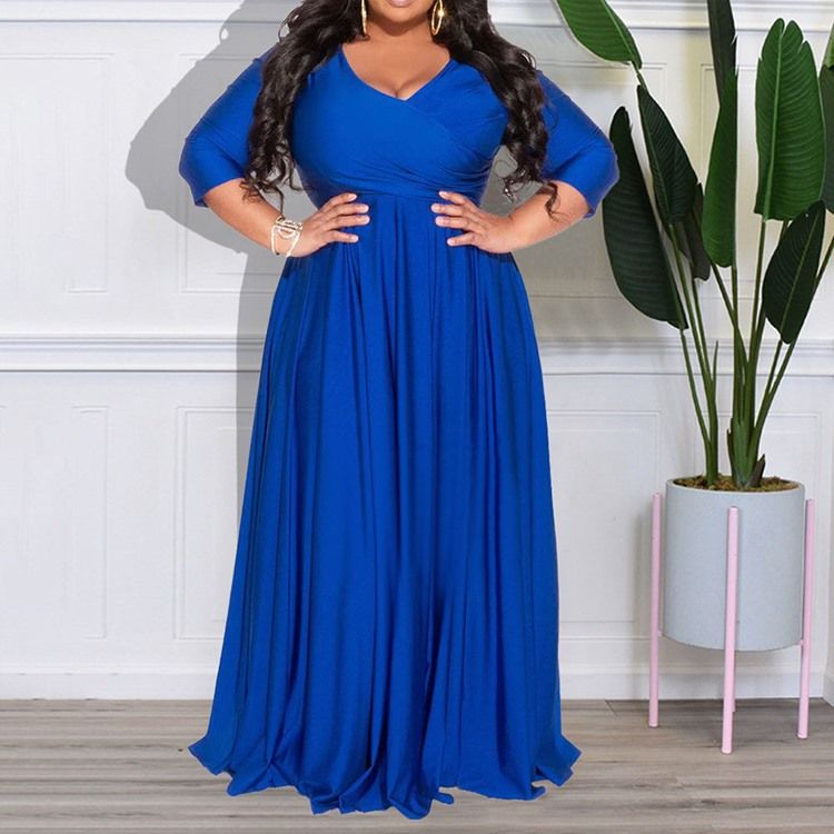 Plus Size Trekvartsärm V-Ringad Golvlång A-Linjeklänning Med Hög Midja