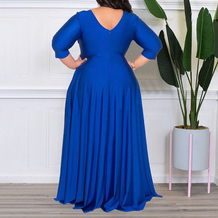Plus Size Trekvartsärm V-Ringad Golvlång A-Linjeklänning Med Hög Midja