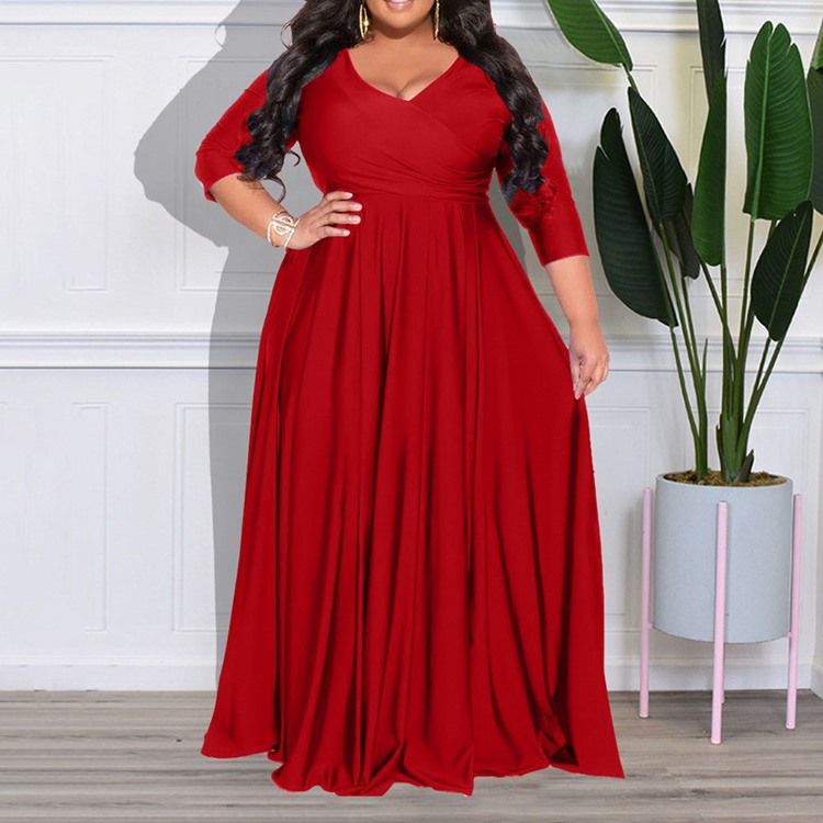 Plus Size Trekvartsärm V-Ringad Golvlång A-Linjeklänning Med Hög Midja
