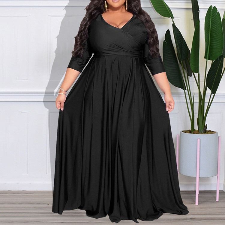 Plus Size Trekvartsärm V-Ringad Golvlång A-Linjeklänning Med Hög Midja