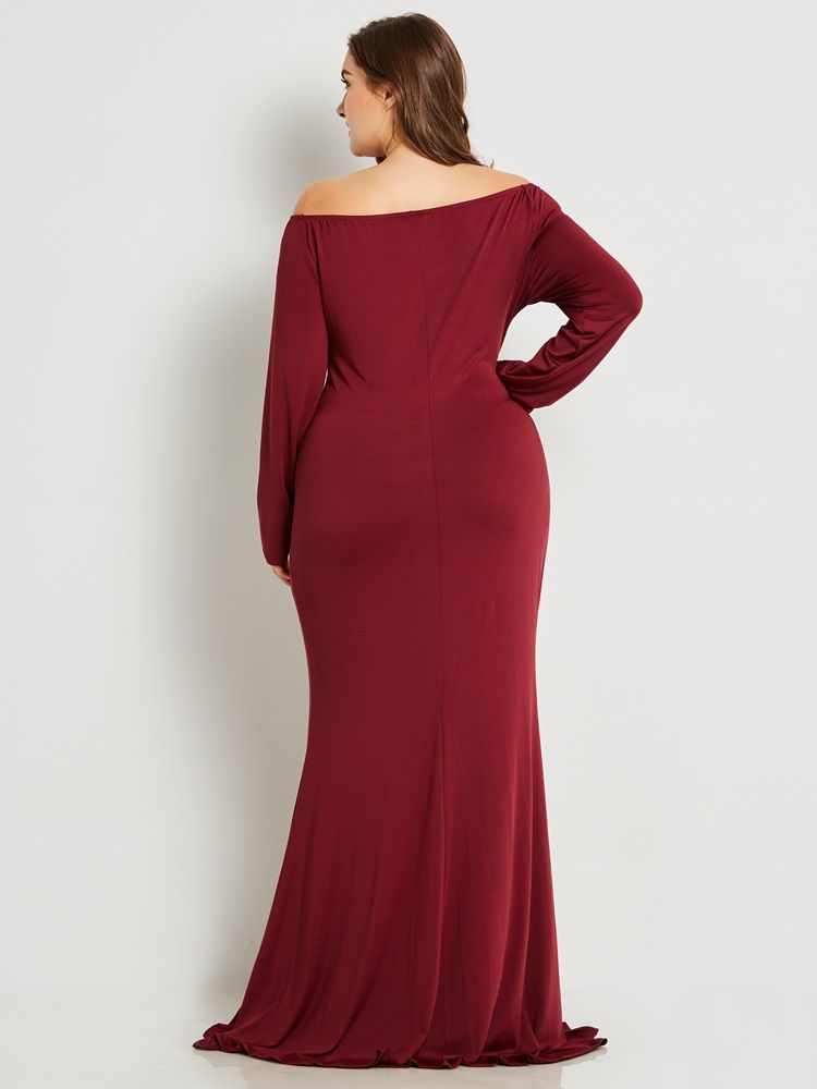 Plus Size V-Ringad Slim Plisserad Massiv Krage Maxiklänning