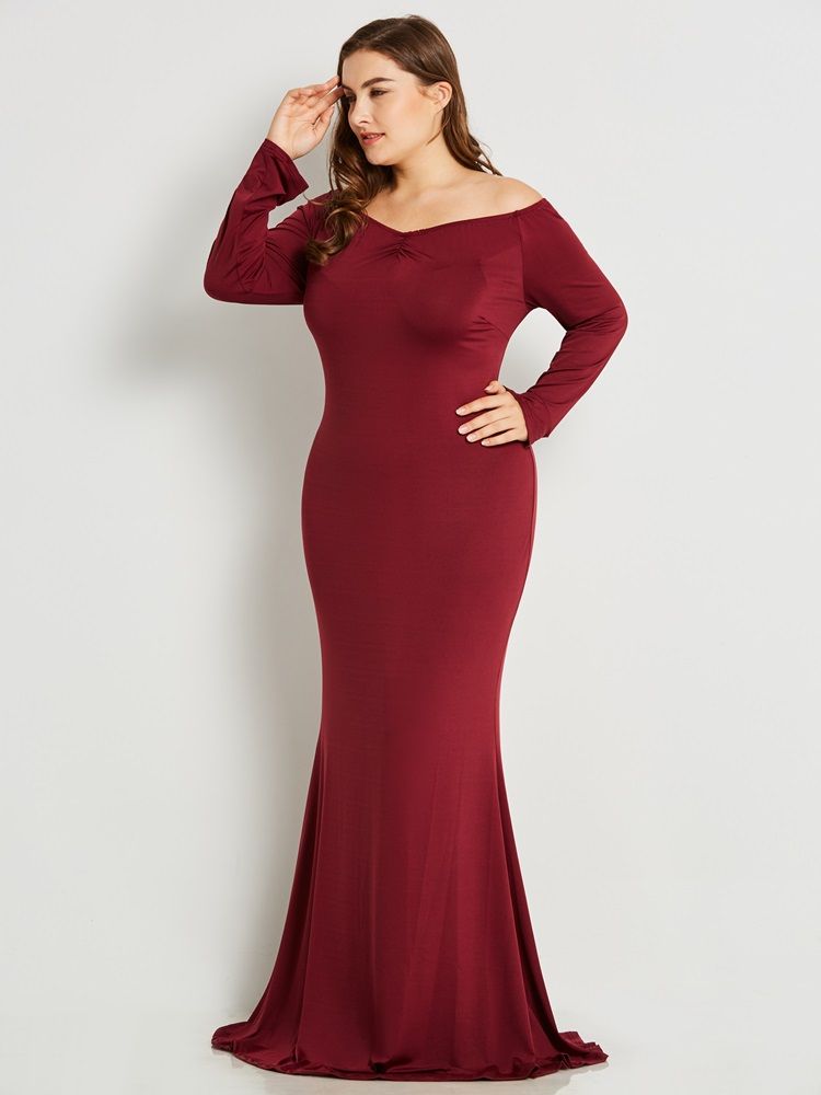 Plus Size V-Ringad Slim Plisserad Massiv Krage Maxiklänning