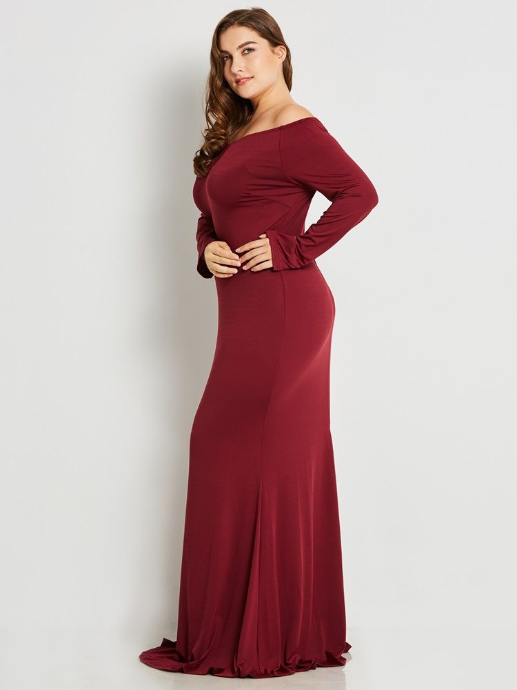 Plus Size V-Ringad Slim Plisserad Massiv Krage Maxiklänning