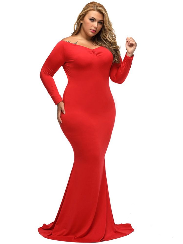 Plus Size V-Ringad Slim Plisserad Massiv Krage Maxiklänning